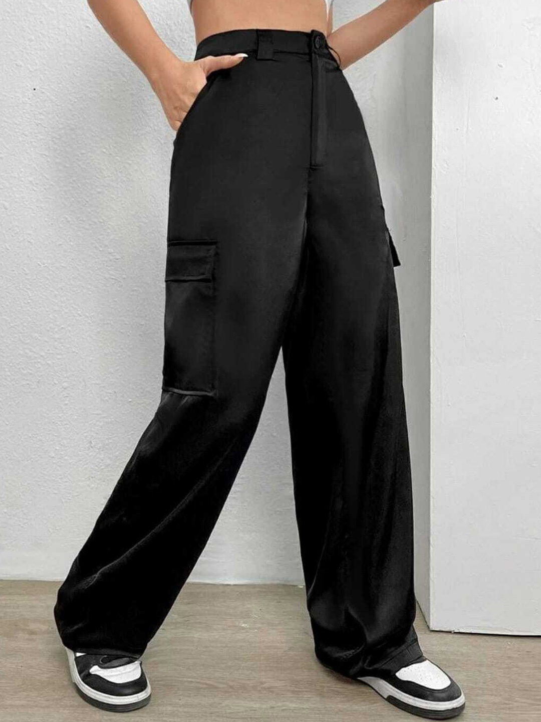 

BROADSTAR Women Relaxed Straight Leg Loose Fit High-Rise Easy Wash Trousers, Black