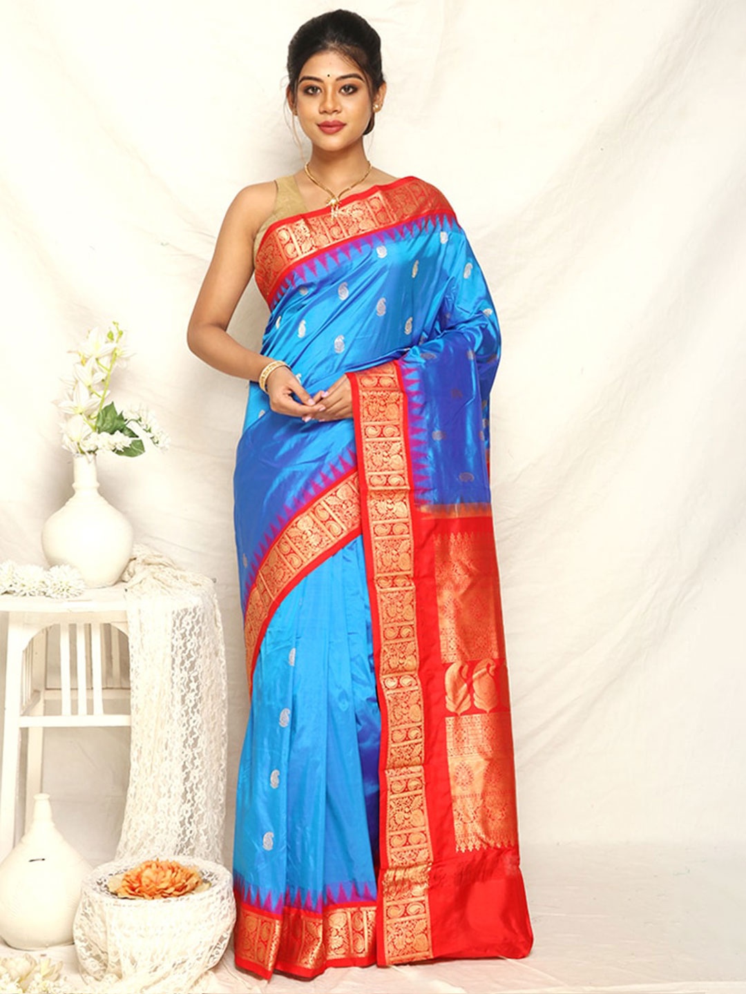 

AllSilks Blue & Red Ethnic Motifs Zari Pure Silk Kanjeevaram Saree