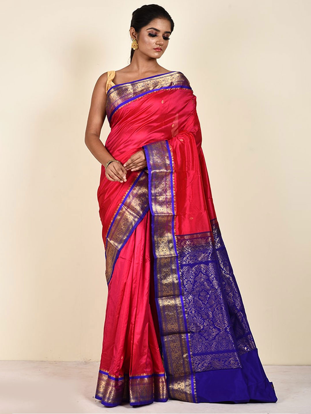 

AllSilks Pink & Blue Woven Design Zari Silk Blend Kanjeevaram Saree