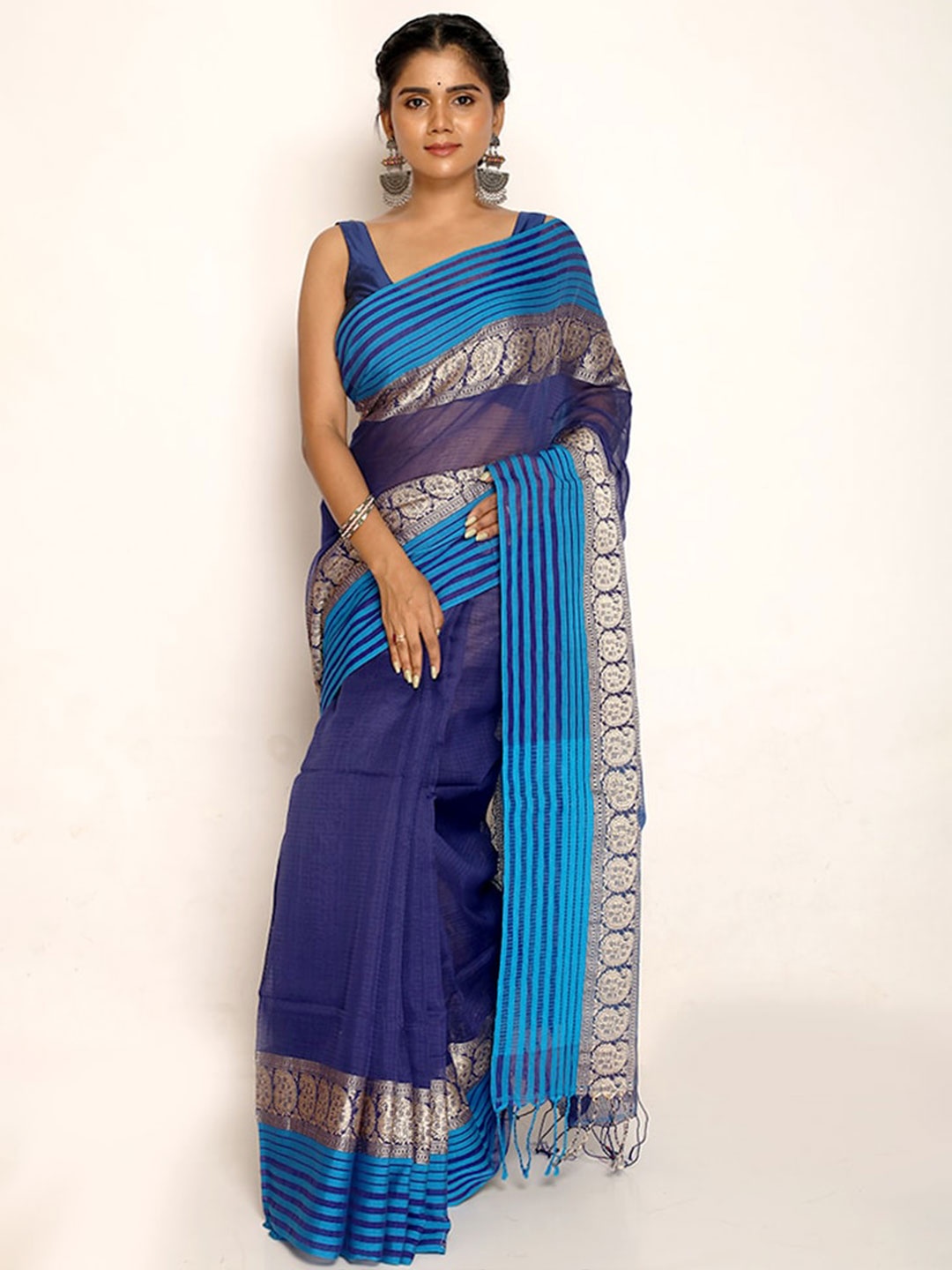 

AllSilks Paisley Pure Cotton Saree, Navy blue