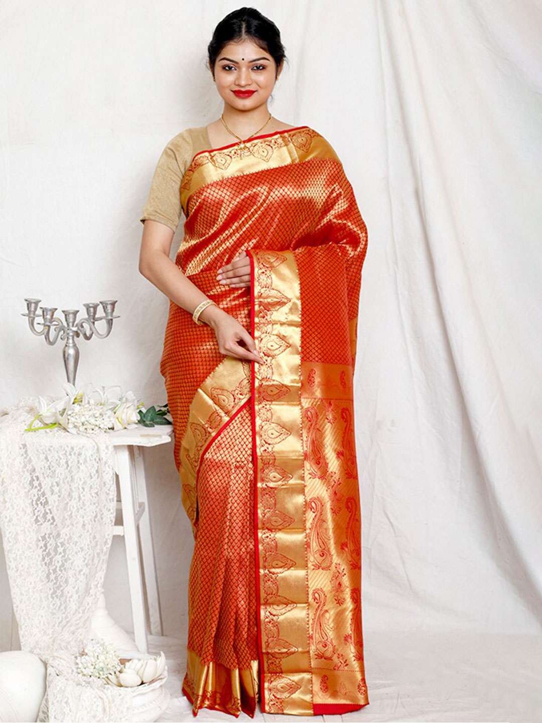 

AllSilks Ethnic Motifs Zari Pure Silk Kanjeevaram Saree, Red