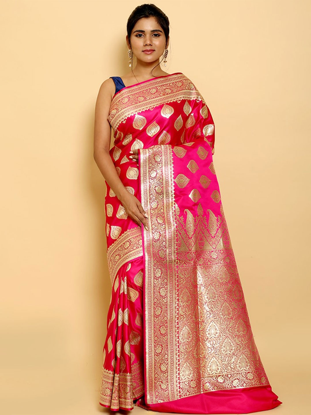 

AllSilks Ethnic Motifs Zari Silk Blend Banarasi Saree, Pink
