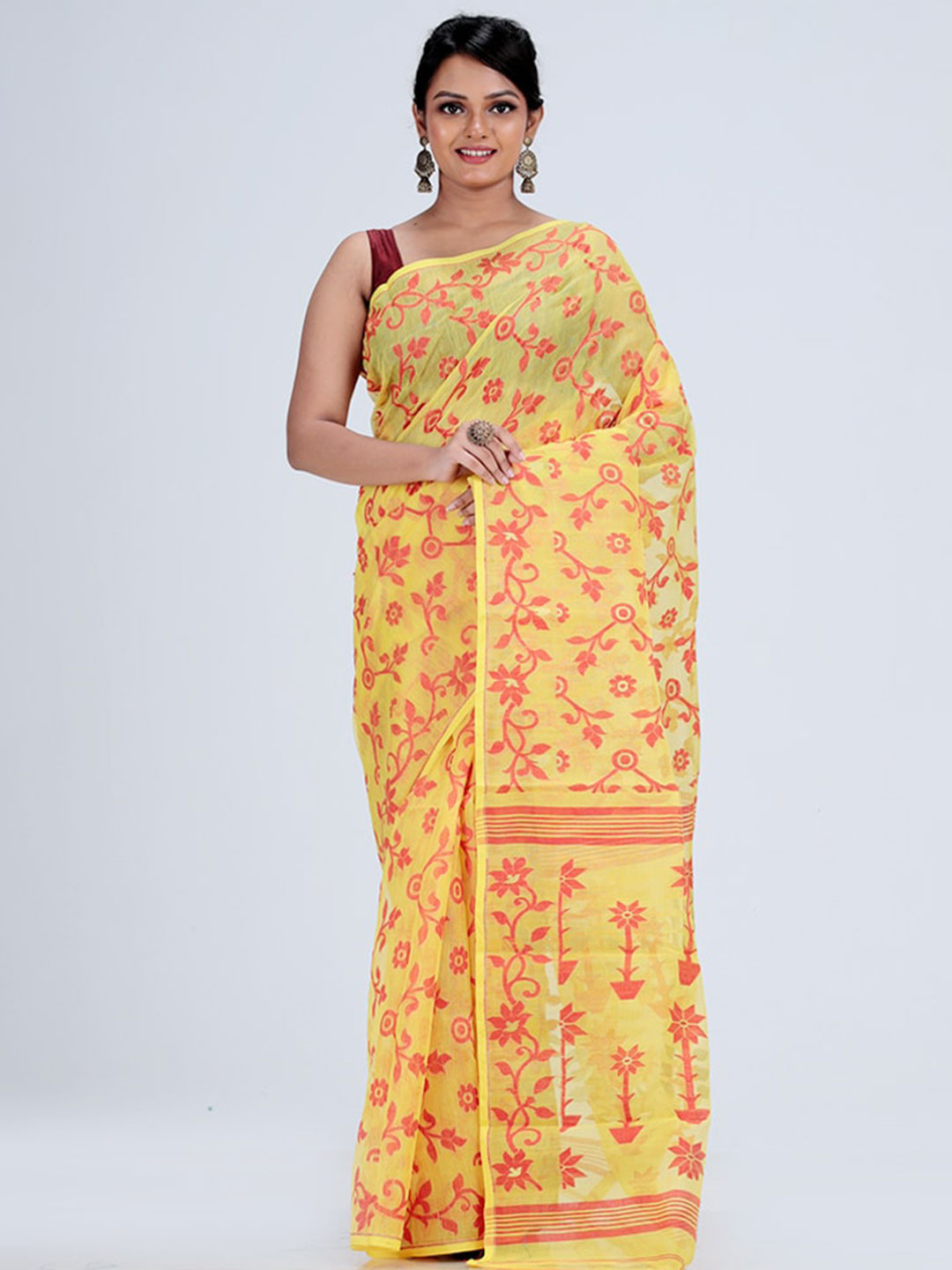 

AllSilks Floral Pure Cotton Taant Saree, Yellow
