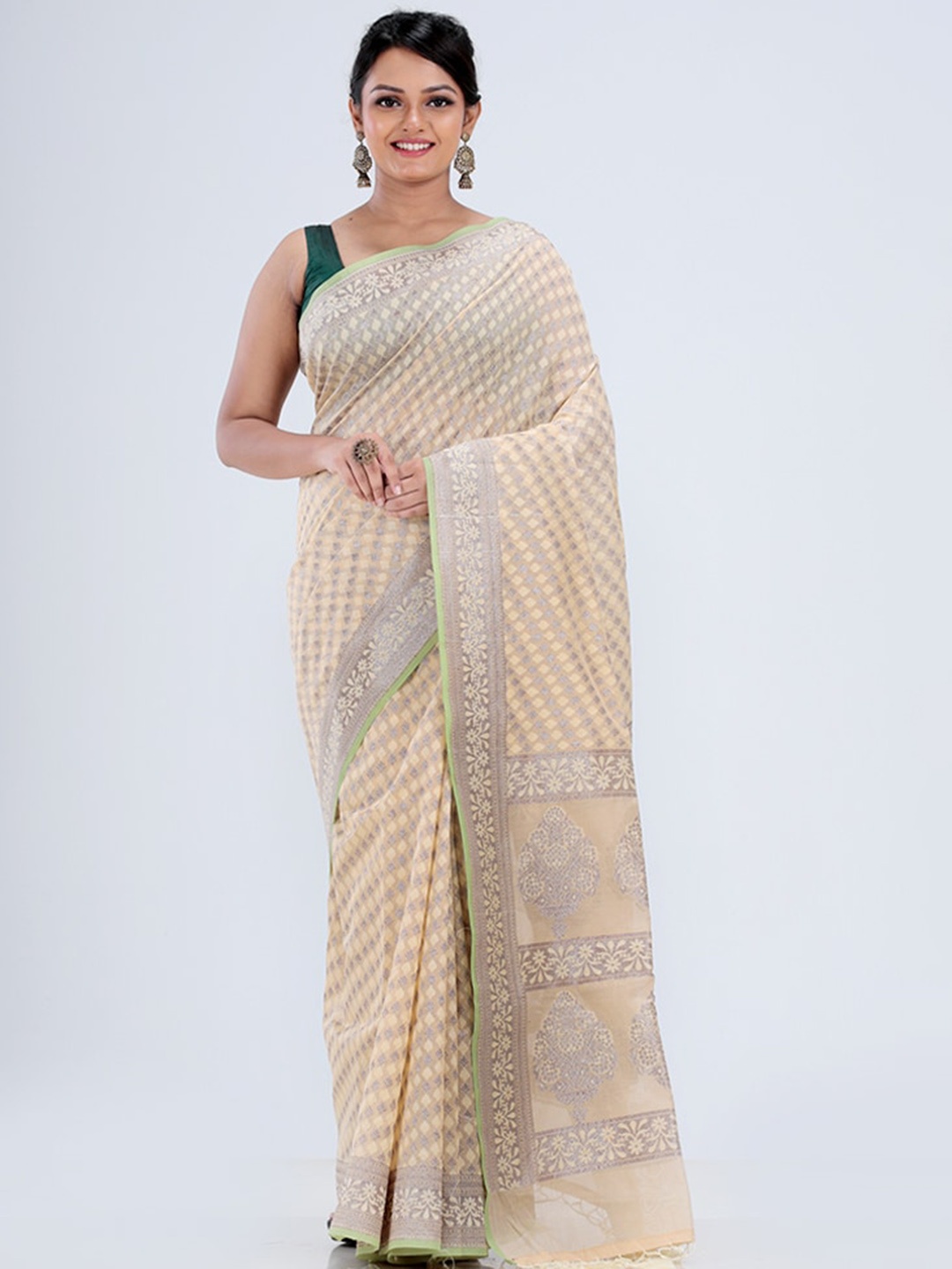 

AllSilks Cream-Coloured & Green Woven Design Silk Blend Saree