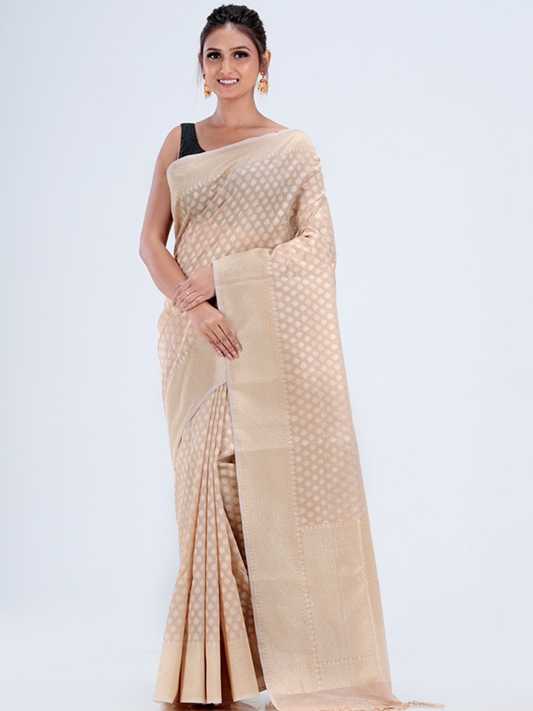 

AllSilks Floral Zari Silk Blend Saree, Cream
