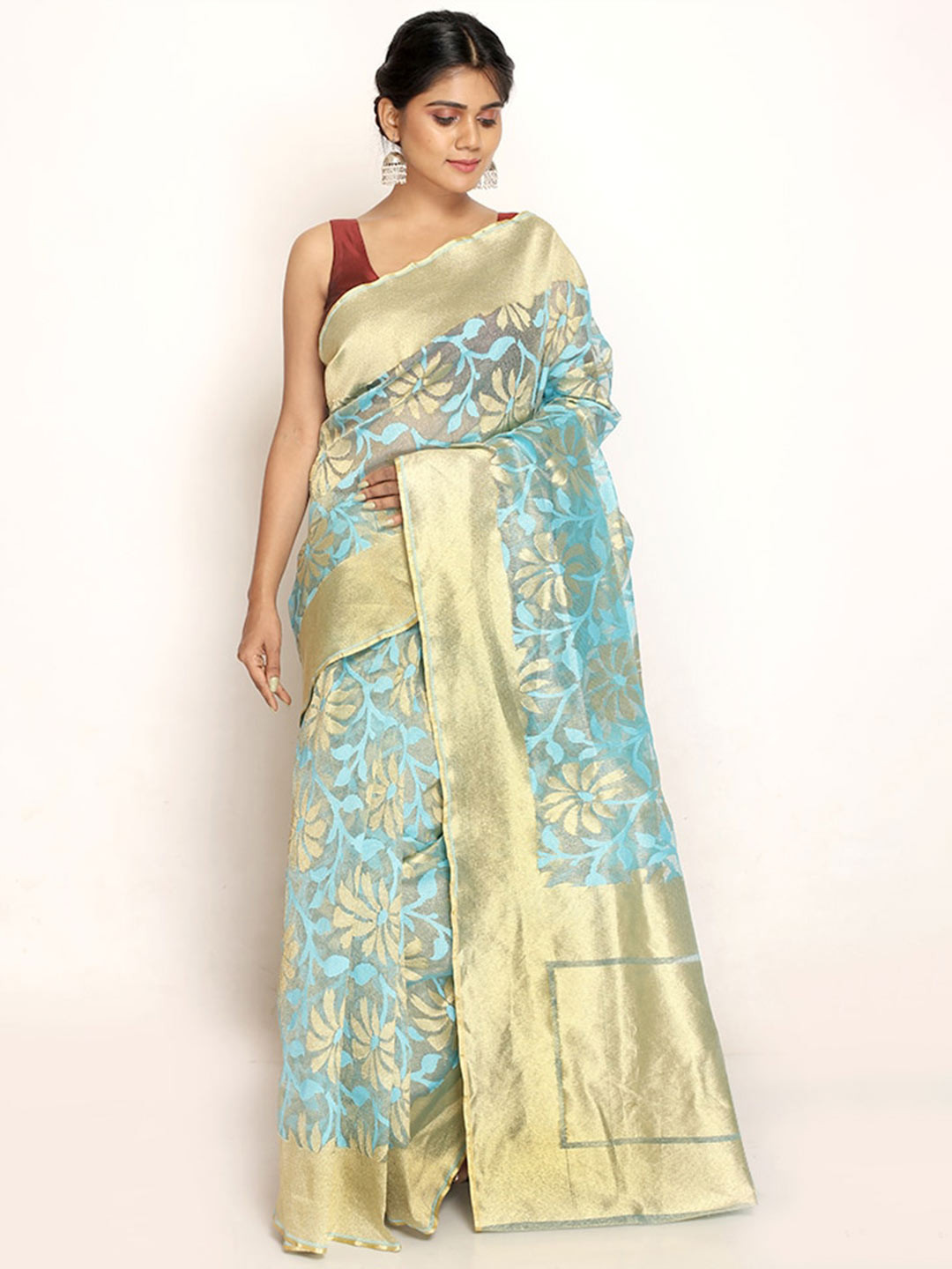 

AllSilks Floral Zari Net Saree, Blue