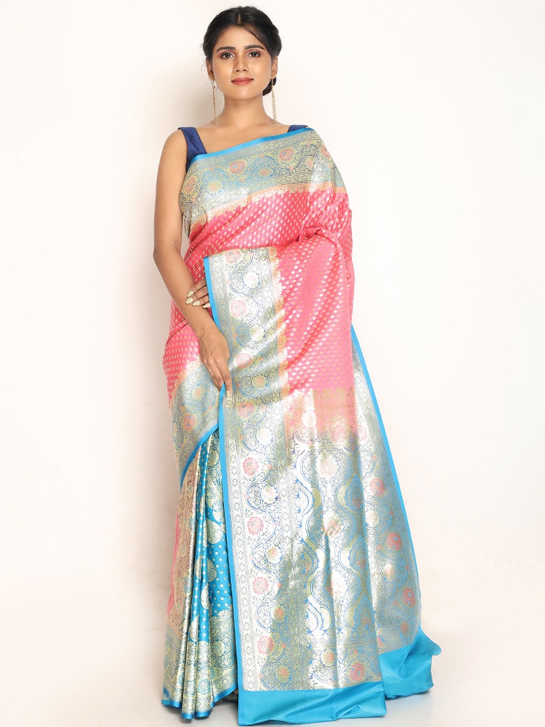 

AllSilks Floral Zari Silk Blend Banarasi Saree, Pink