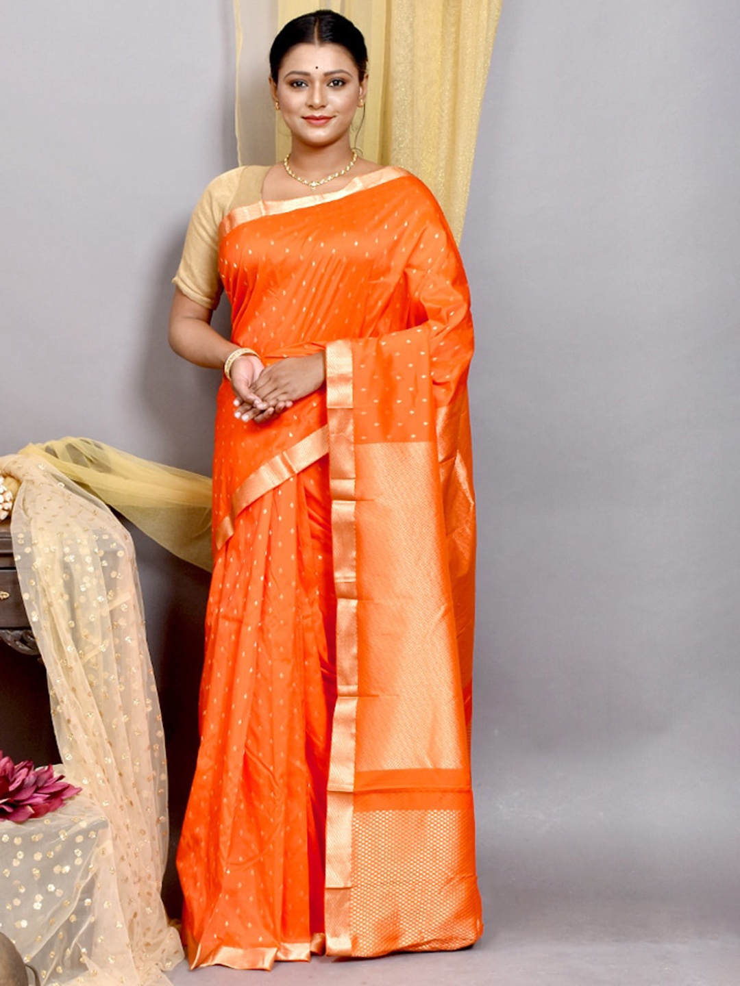 

AllSilks Woven Design Zari Silk Blend Kanjeevaram Saree, Rust