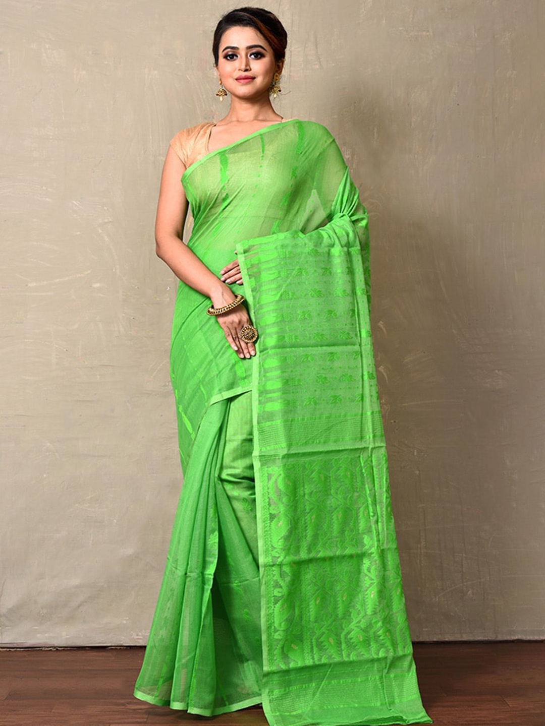 

AllSilks Woven Design Zari Pure Cotton Taant Saree, Green