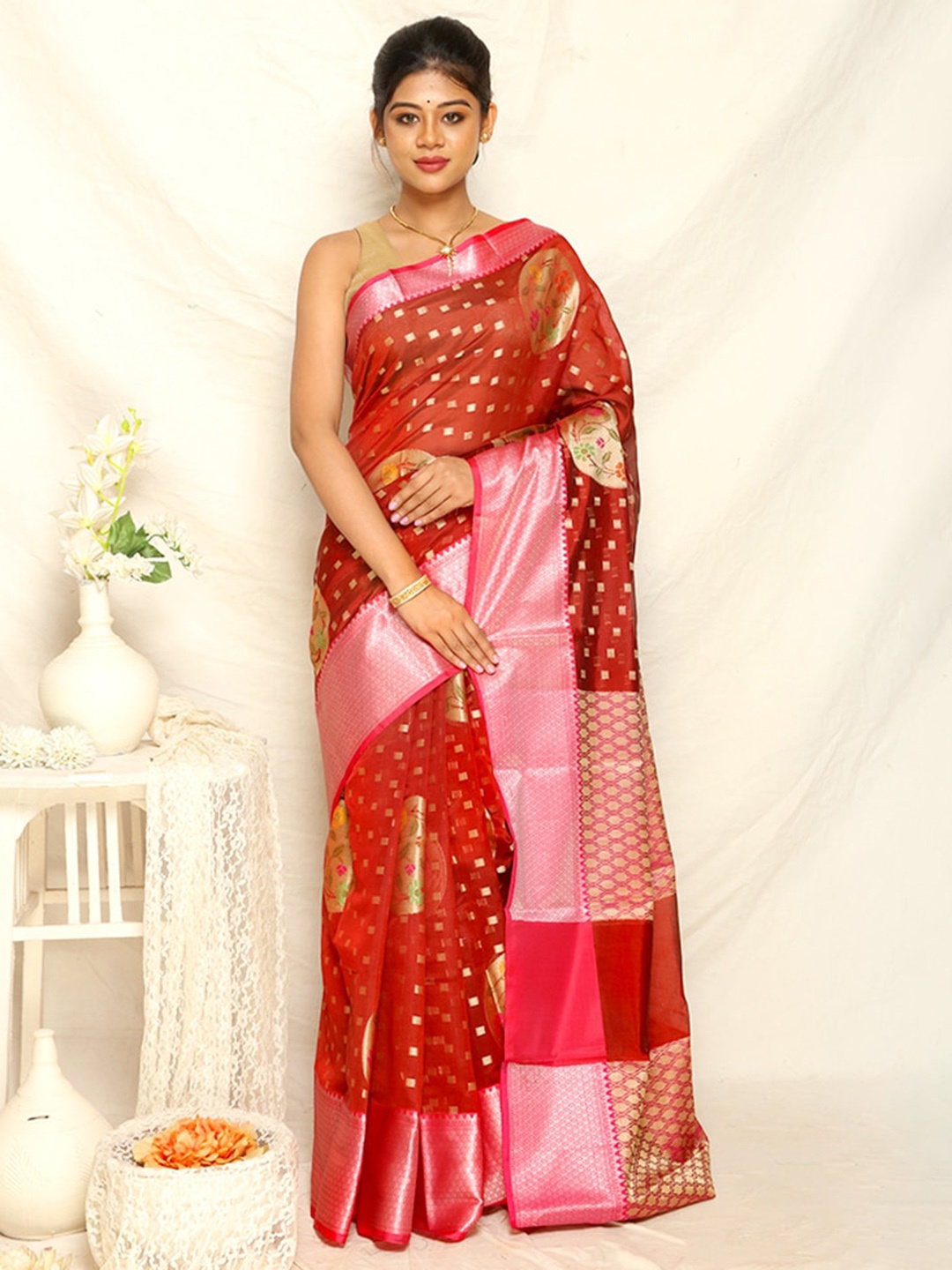 

AllSilks Woven Design Zari Silk Blend Saree, Red