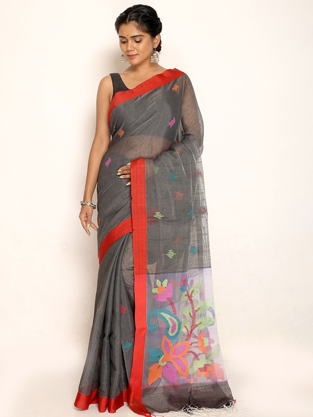 

AllSilks Floral Silk Blend Saree, Grey