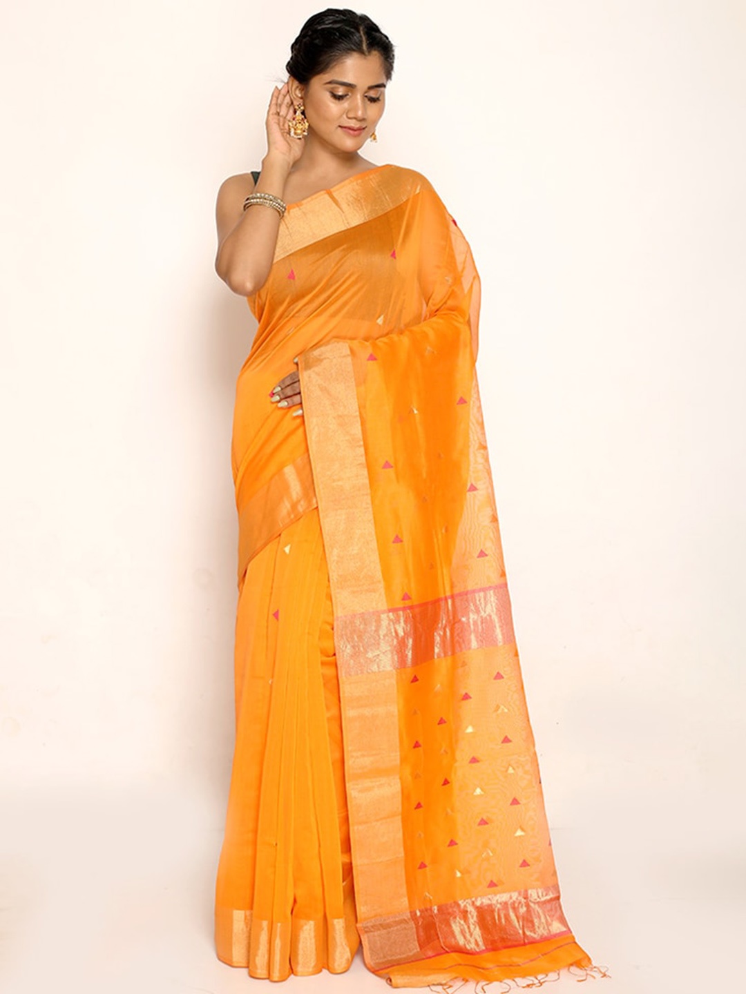 

AllSilks Woven Design Zari Silk Blend Chanderi Saree, Rust