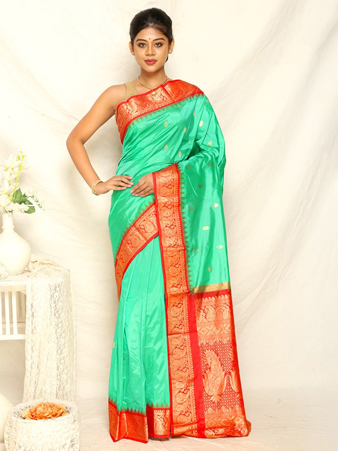 

AllSilks Woven Design Zari Pure Silk Kanjeevaram Saree, Green