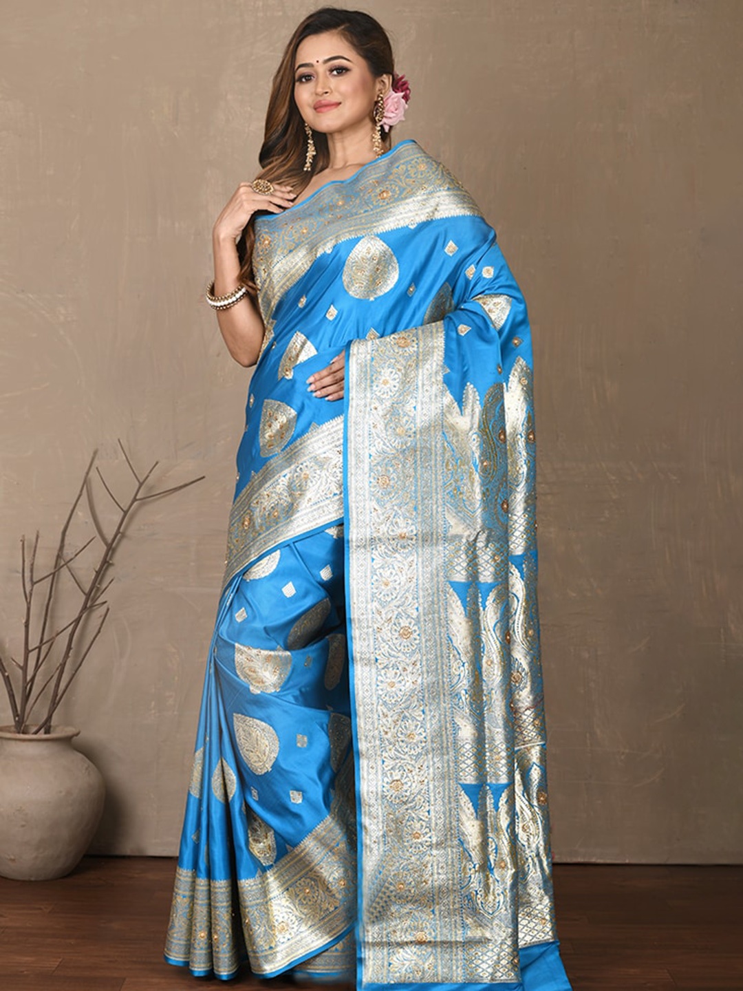 

AllSilks Woven Design Zari Silk Blend Banarasi Saree, Blue