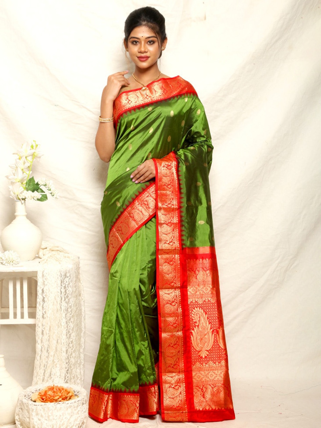 

AllSilks Woven Design Zari Pure Silk Kanjeevaram Saree, Green
