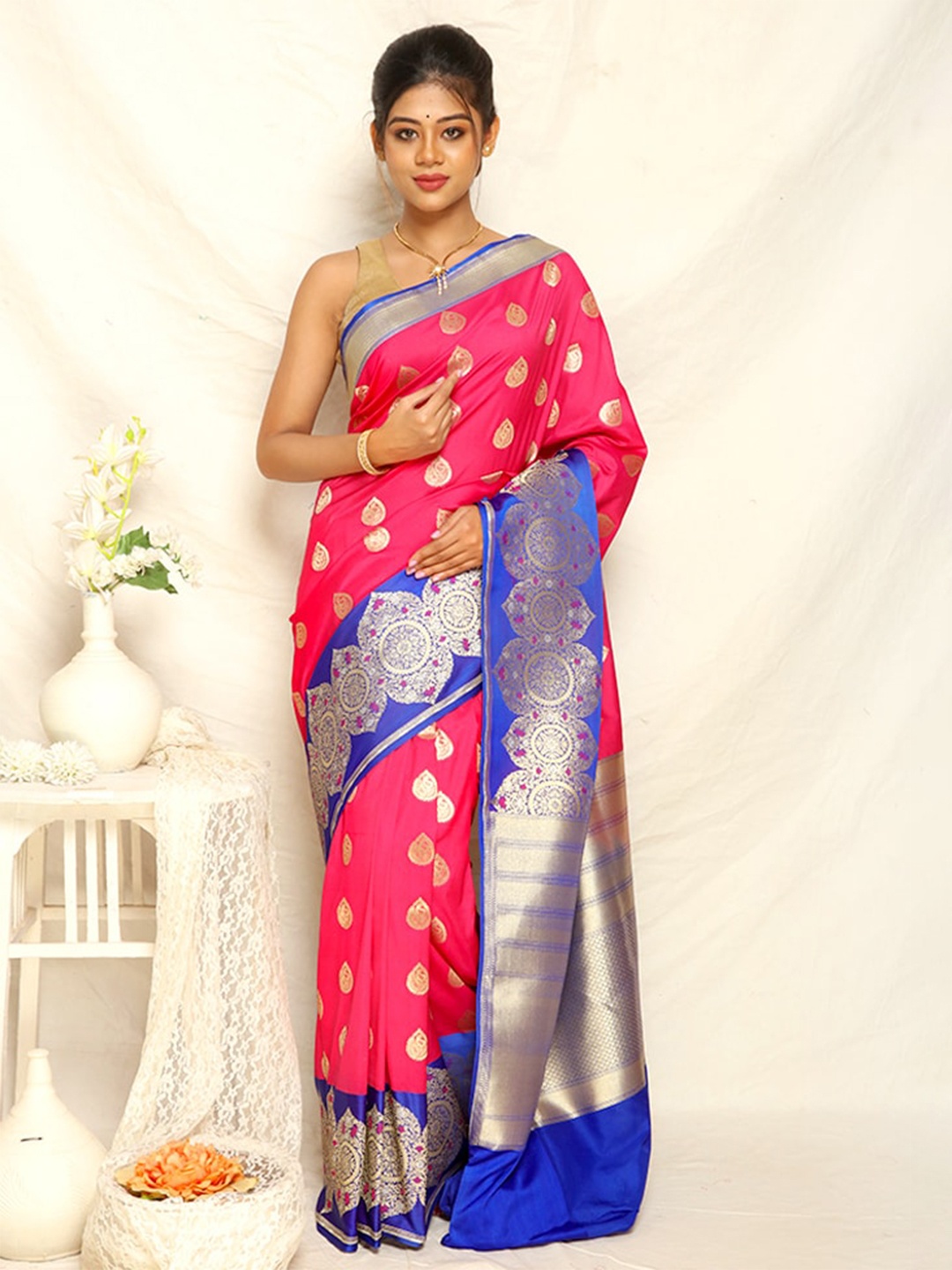 

AllSilks Woven Design Zari Silk Blend Uppada Saree, Pink
