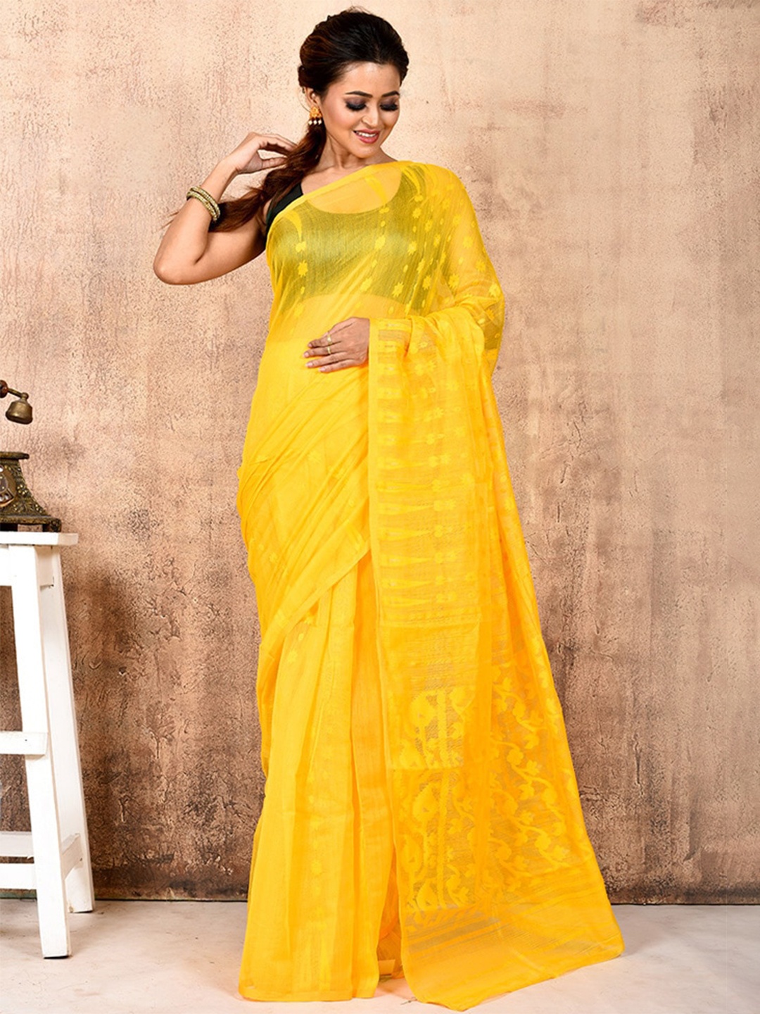 

AllSilks Woven Design Pure Cotton Taant Saree, Yellow