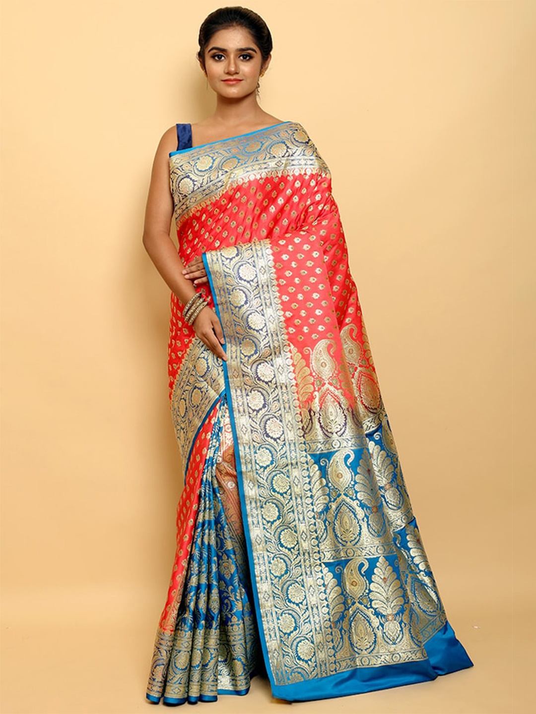 

AllSilks Woven Design Zari Silk Blend Banarasi Saree, Pink