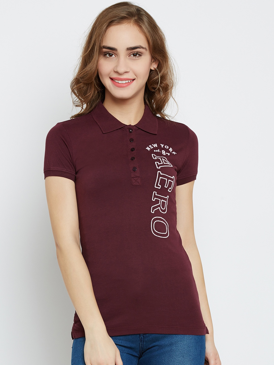 

Aeropostale Women Burgundy Embroidered Polo Collar Pure Cotton T-shirt