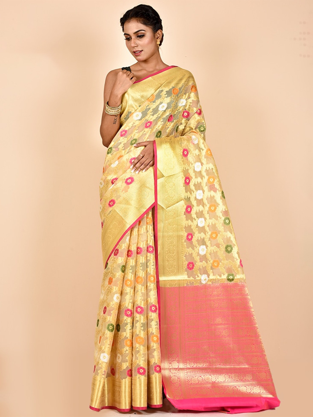 

AllSilks Floral Zari Saree, Cream