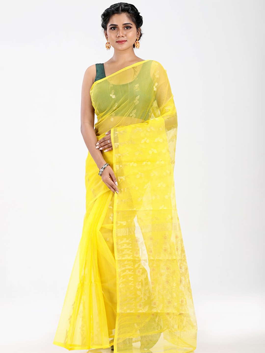 

AllSilks Yellow Ethnic Motifs Pure Cotton Taant Saree