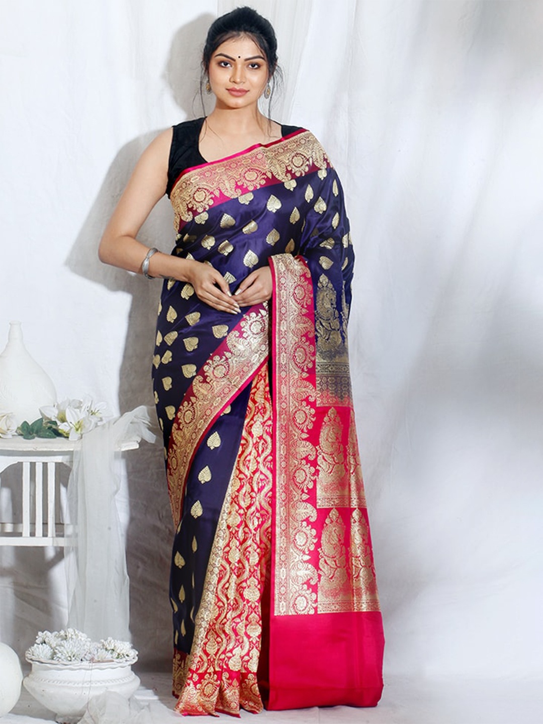 

AllSilks Ethnic Motifs Zari Pure Silk Banarasi Saree, Navy blue