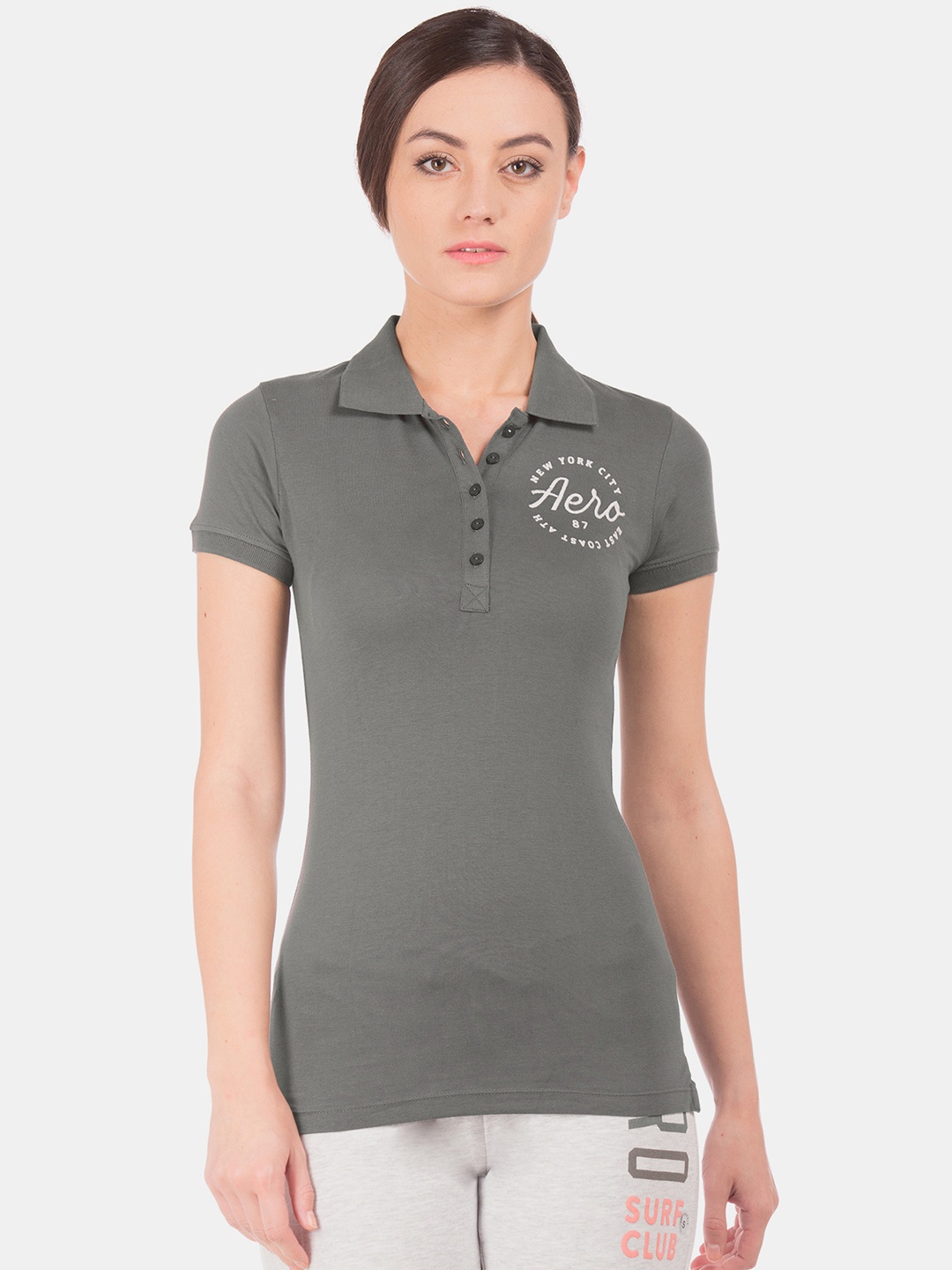 Aeropostale Women Grey Solid Polo Collar Pure Cotton T-shirt