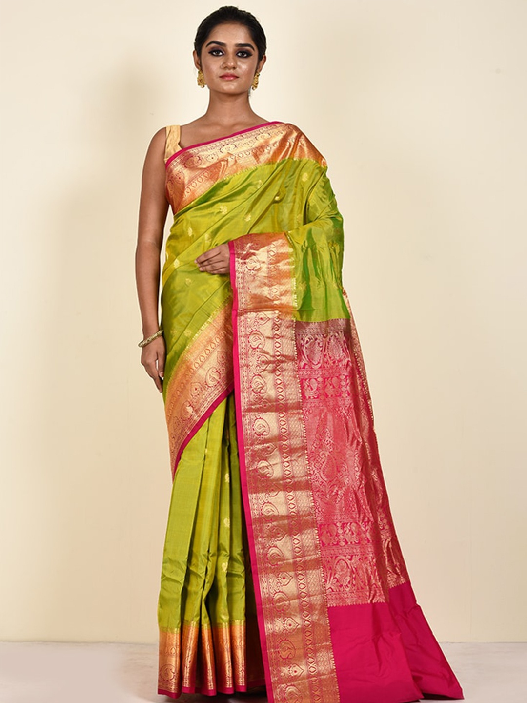 

AllSilks Ethnic Motifs Zari Pure Silk Kanjeevaram Saree, Lime green