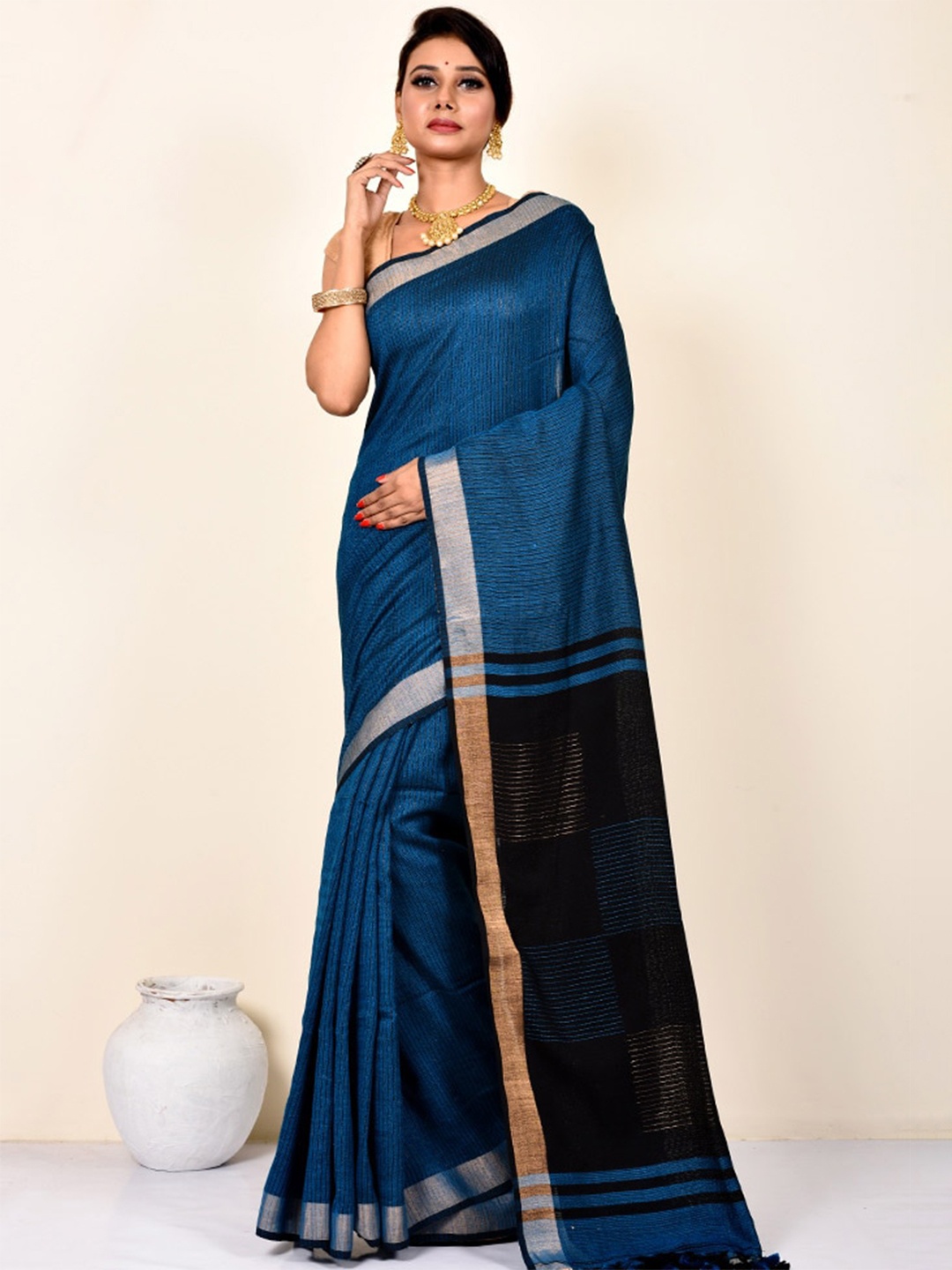 

AllSilks Striped Zari Saree, Navy blue