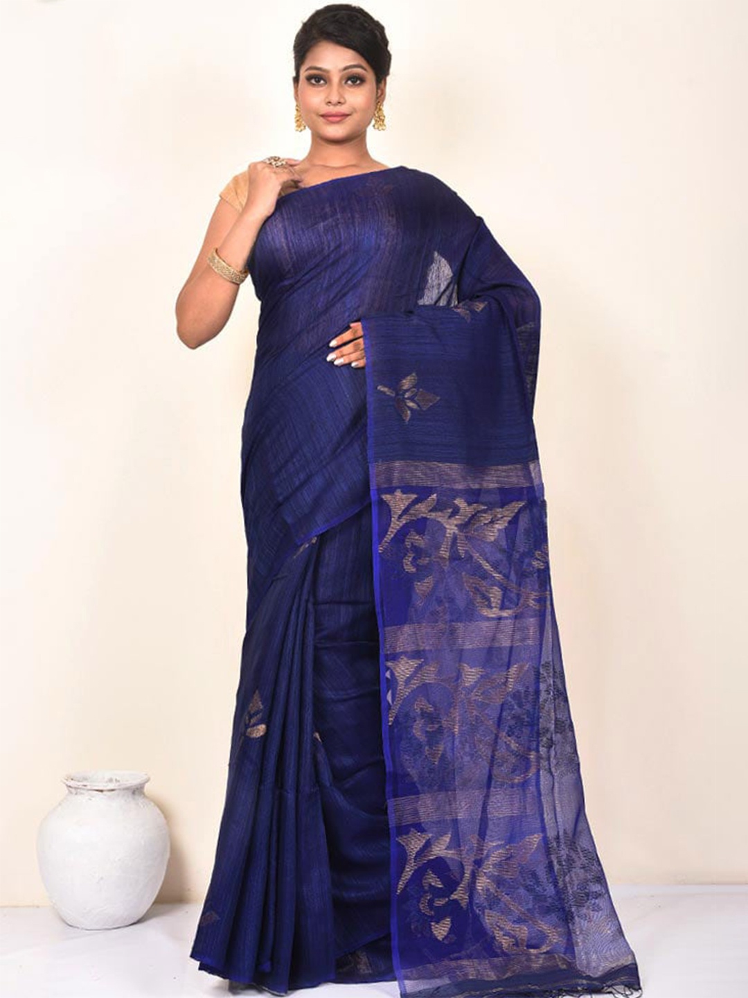 

AllSilks Blue & Gold-Toned Ethnic Motifs Zari Saree