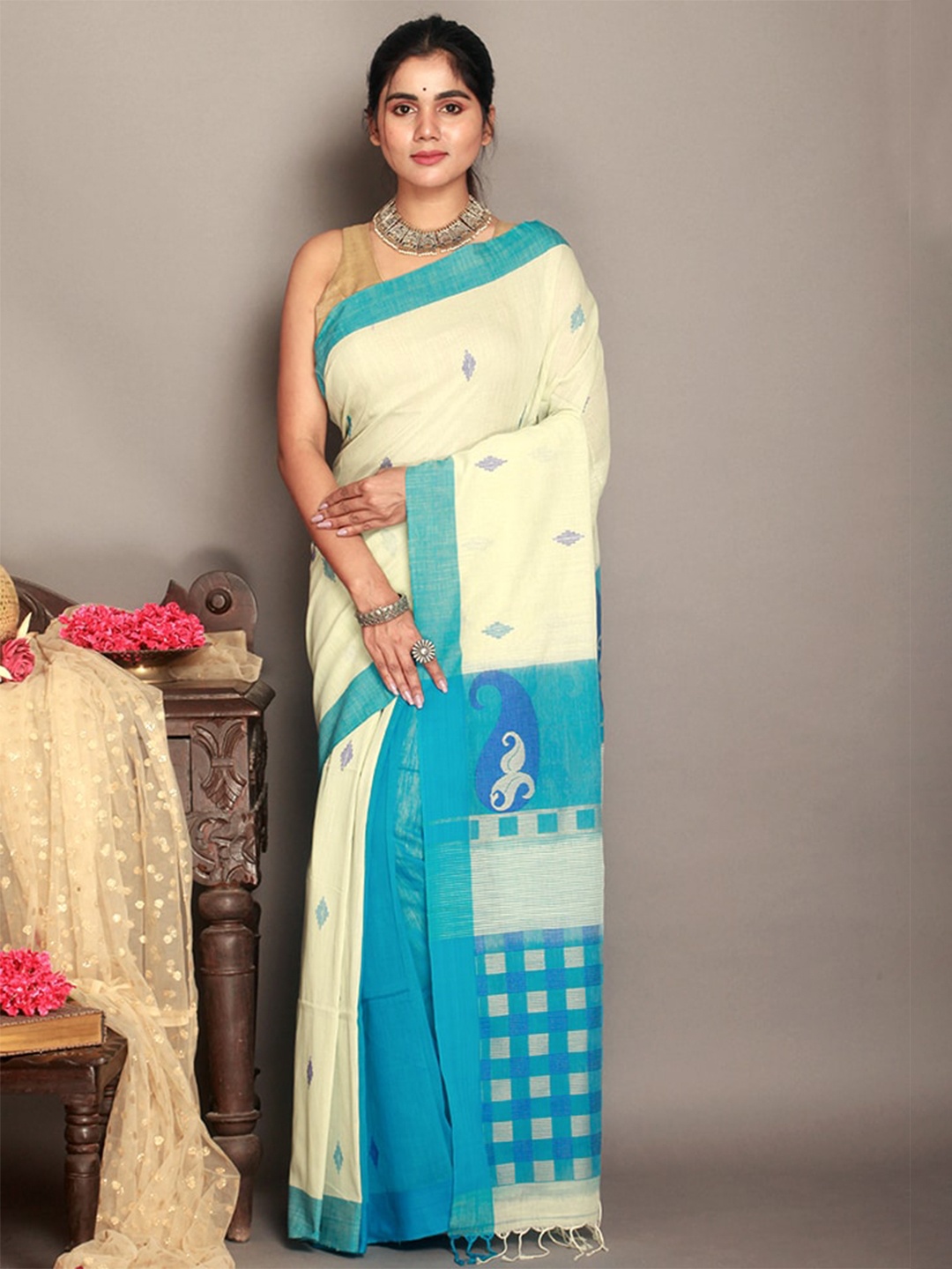 

AllSilks Ethnic Motifs Pure Cotton Saree, Cream