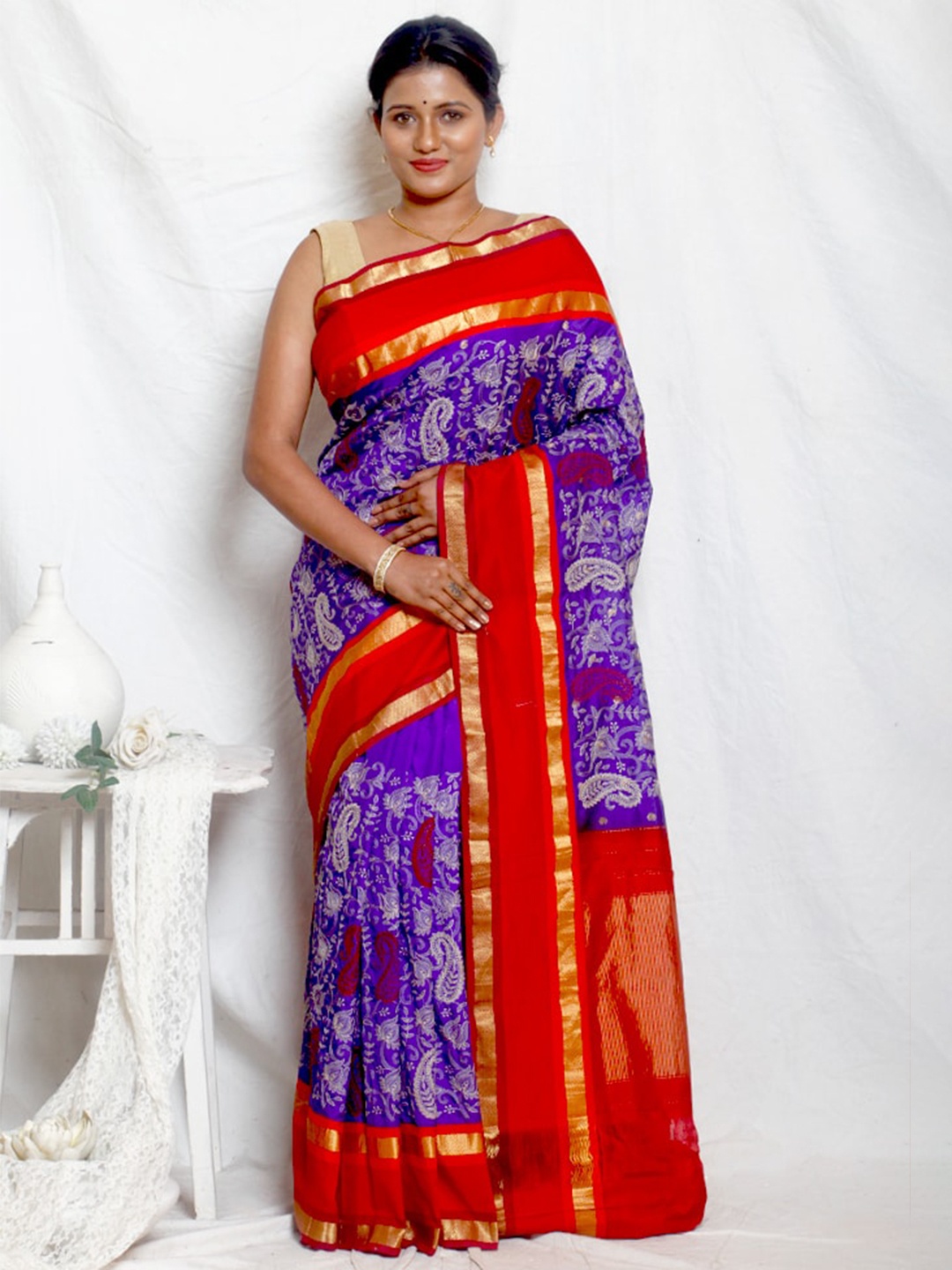 

AllSilks Paisley Zari Pure Silk Kanjeevaram Saree, Blue