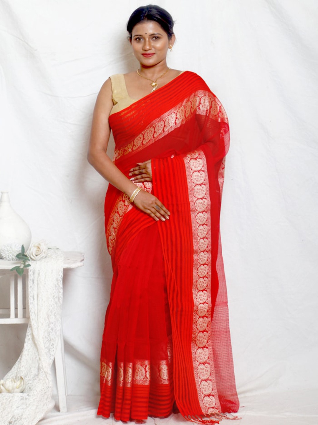 

AllSilks Woven Design Zari Pure Cotton Saree, Red
