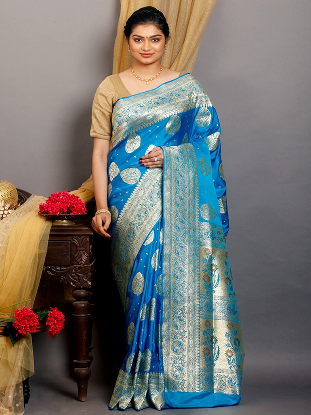 

AllSilks Woven Design Zari Silk Blend Banarasi Saree, Blue