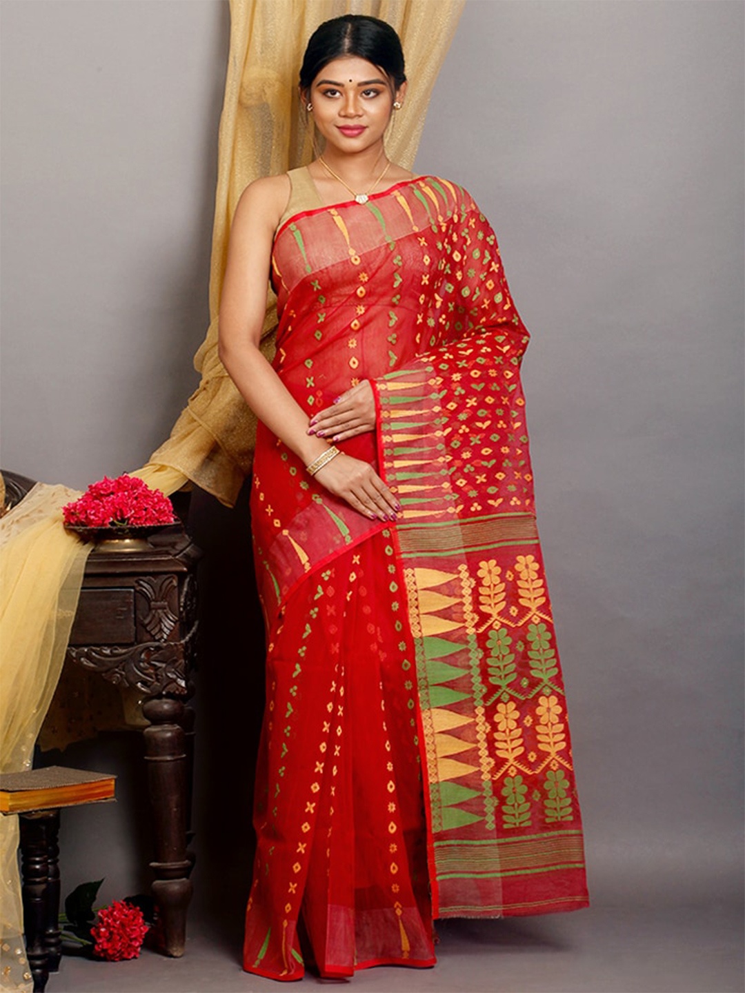 

AllSilks Woven Design Pure Cotton Taant Saree, Red