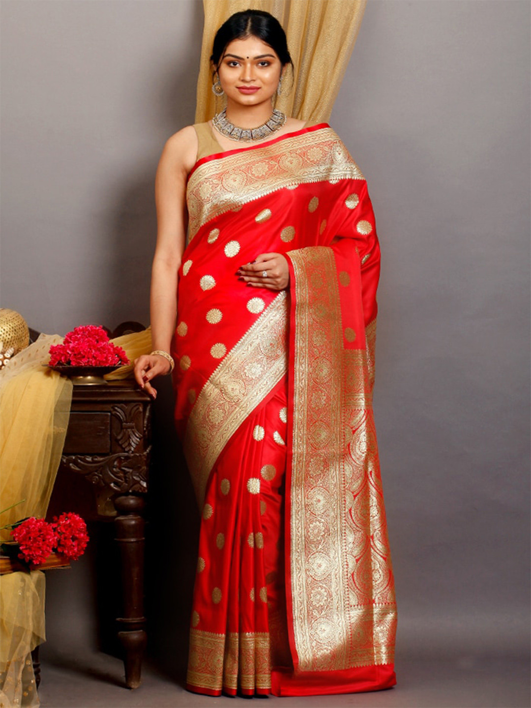 

AllSilks Woven Design Zari Silk Blend Banarasi Saree, Red