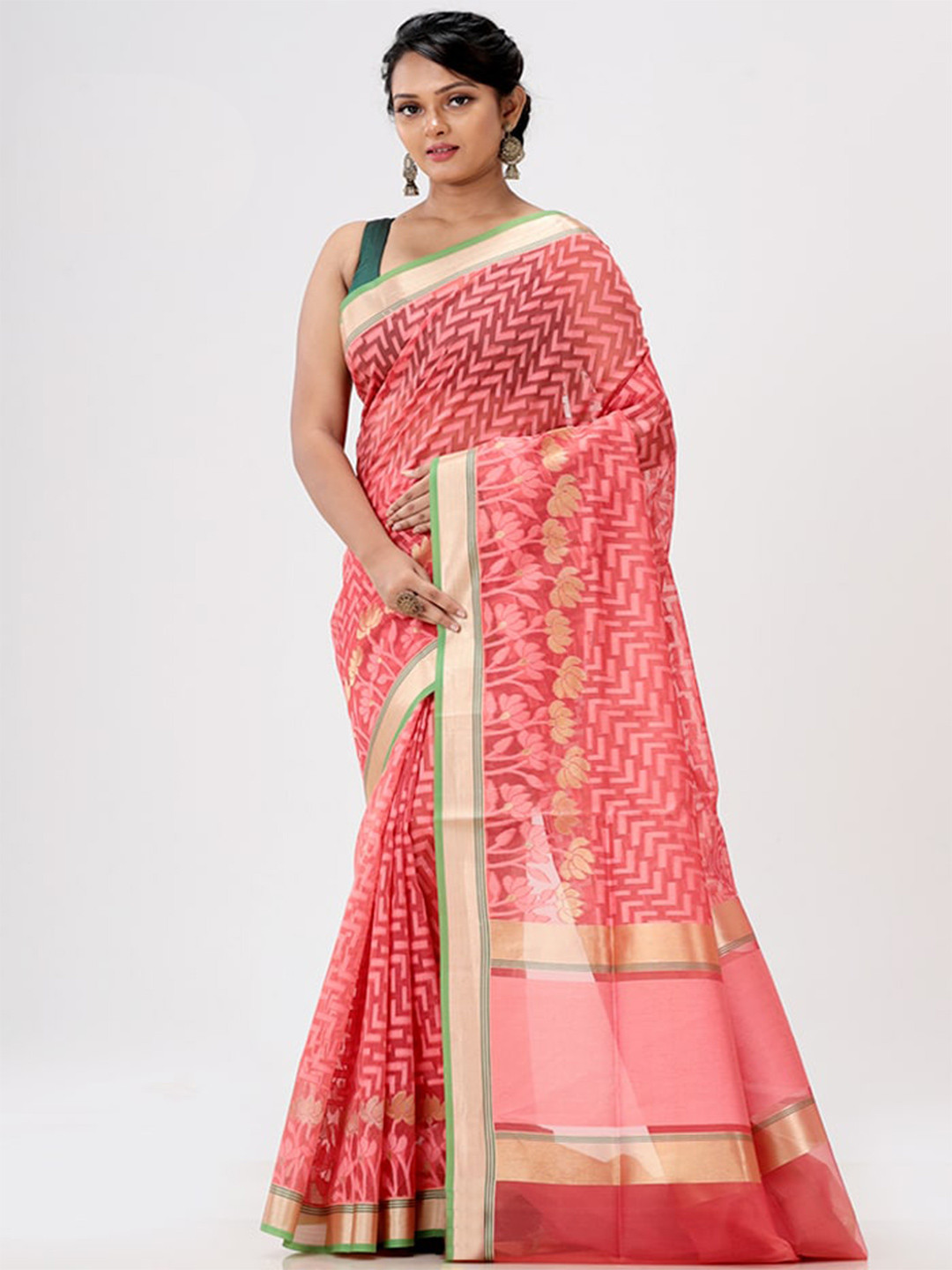 

AllSilks Woven Design Zari Silk Blend Saree, Pink