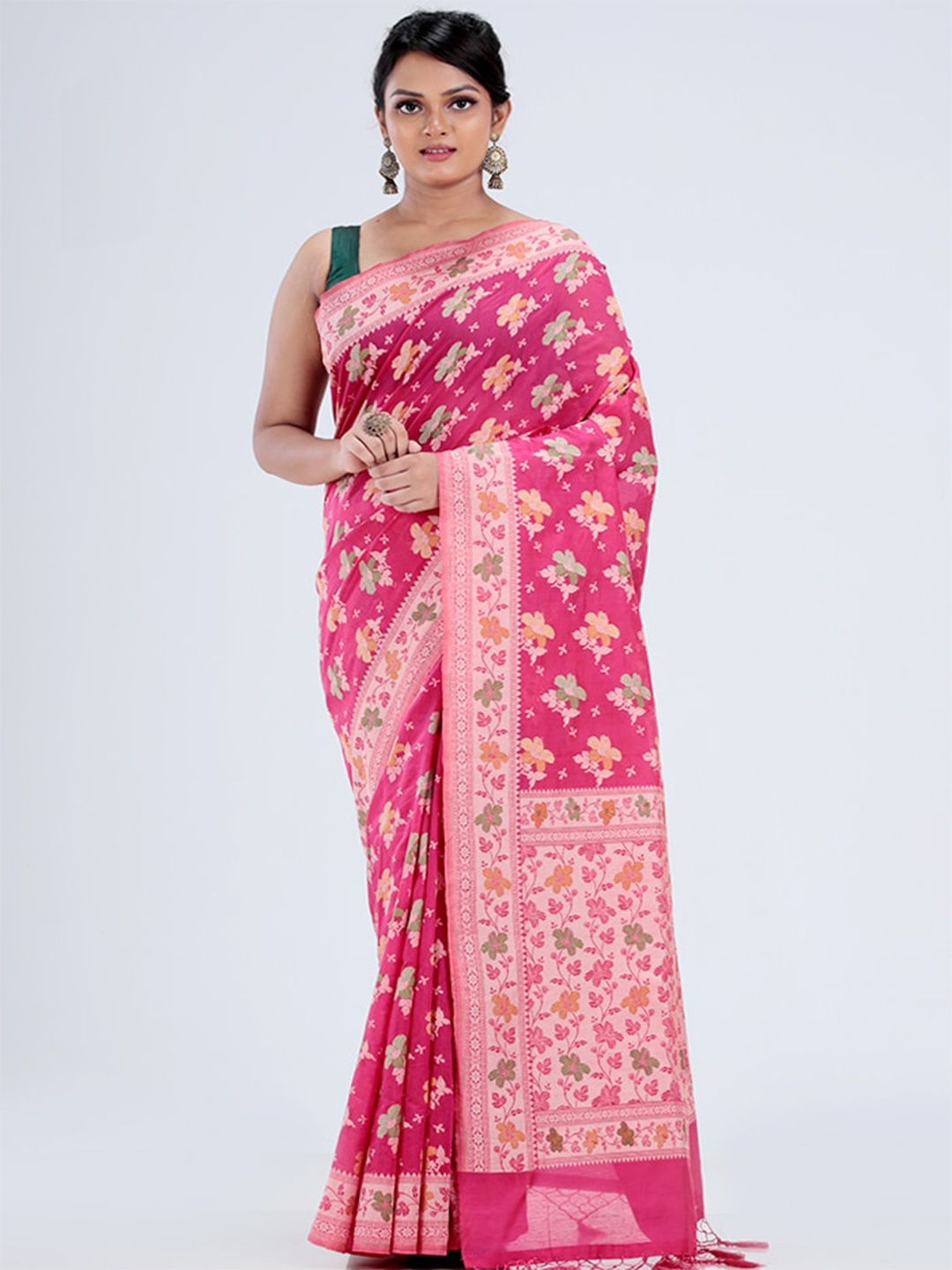 

AllSilks Floral Silk Blend Saree, Pink