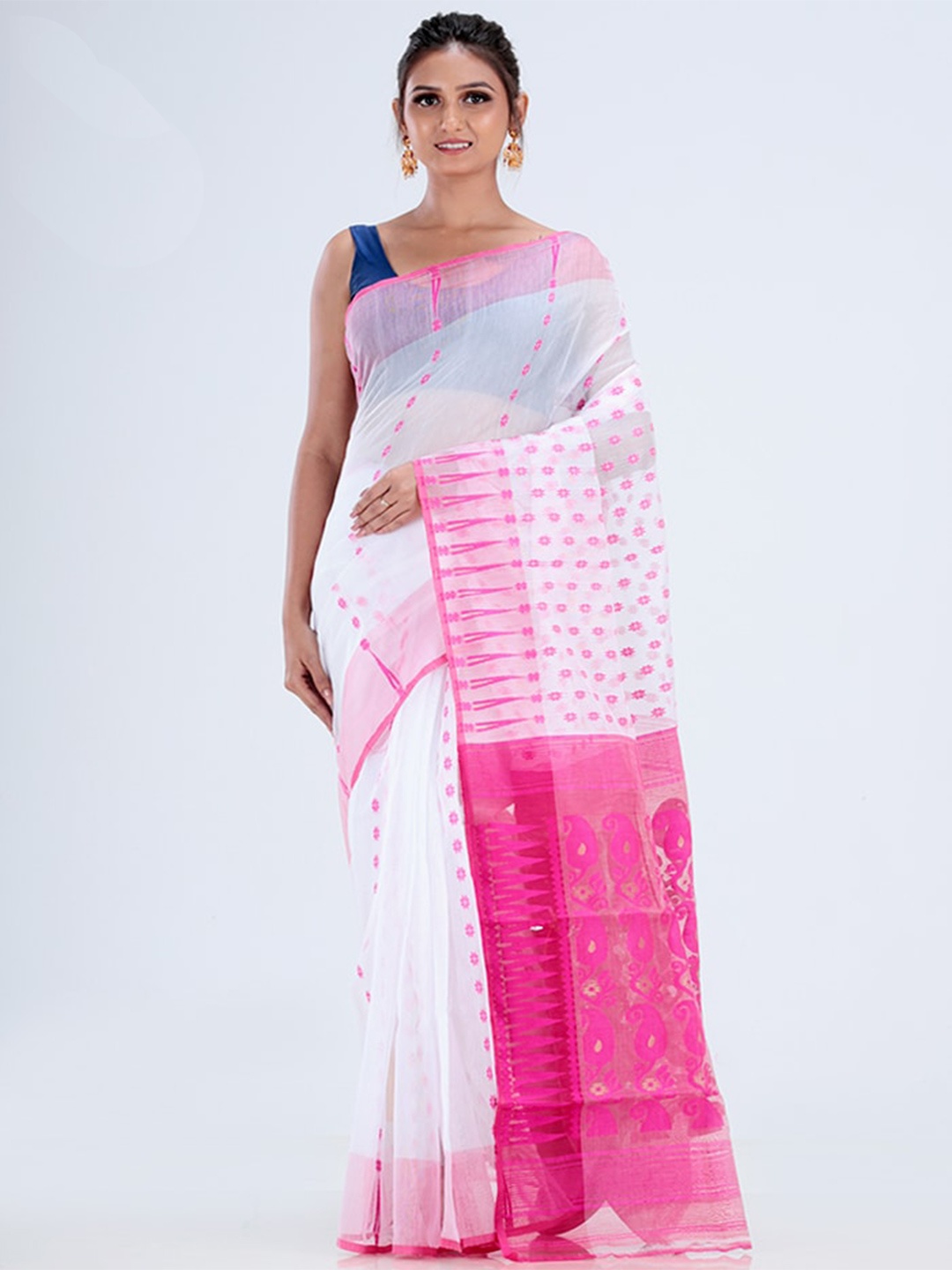 

AllSilks Woven Design Pure Cotton Taant Saree, White