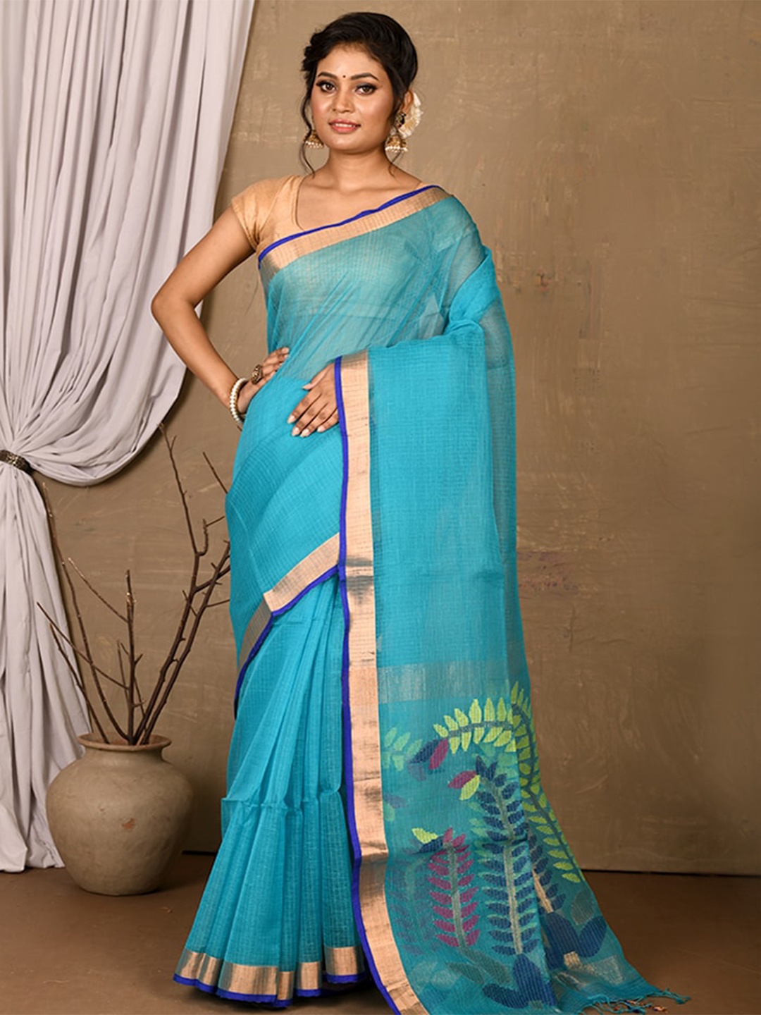 

AllSilks Woven Design Zari Pure Cotton Saree, Blue