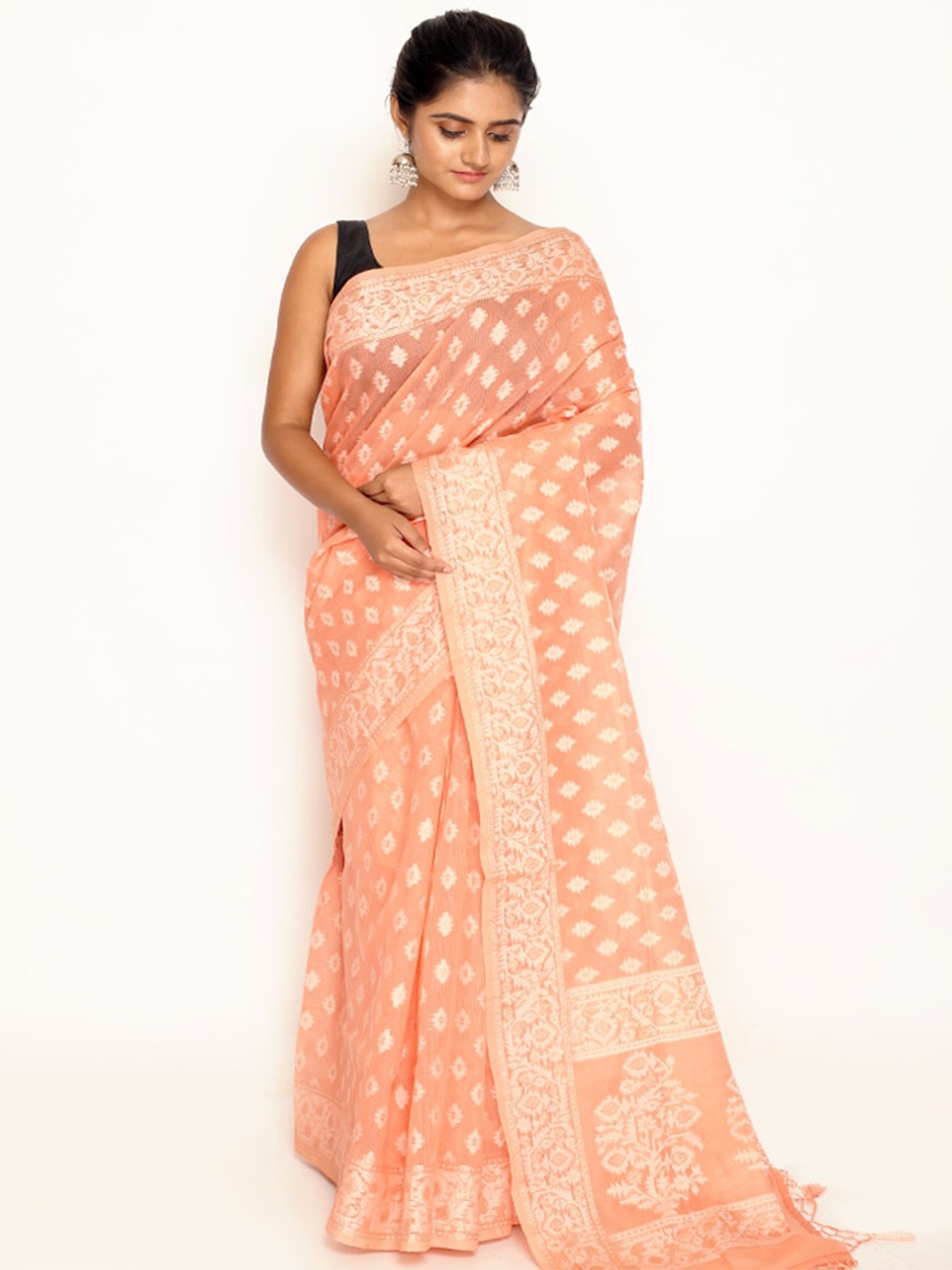 

AllSilks Woven Design Silk Blend Saree, Peach