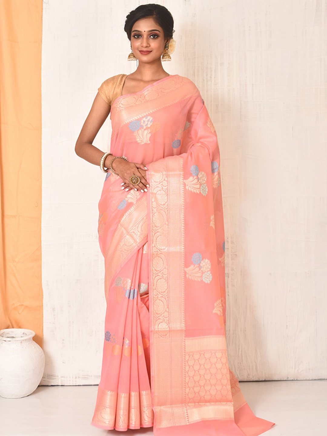 

AllSilks Woven Design Zari Silk Blend Saree, Peach