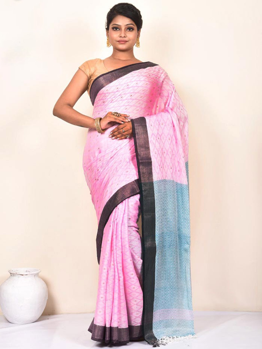 

AllSilks Woven Design Zari Pure Cotton Saree, Pink