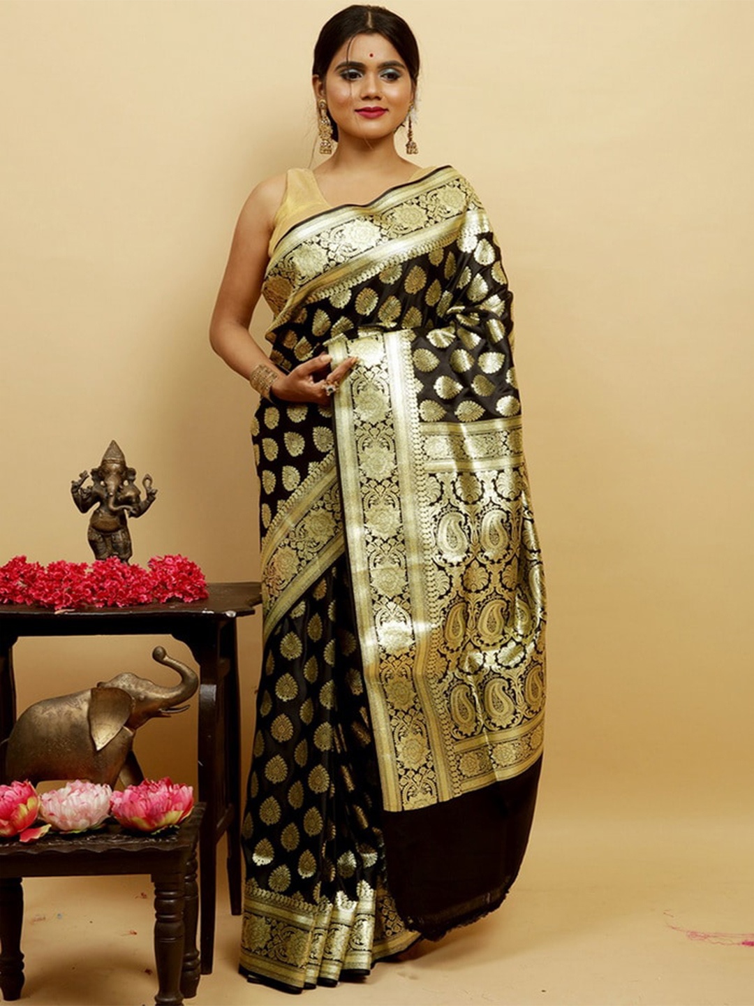 

AllSilks Woven Design Zari Silk Blend Banarasi Saree, Black