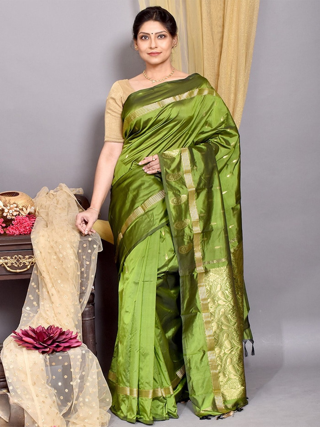 

AllSilks Paisley Zari Silk Blend Kanjeevaram Saree, Green