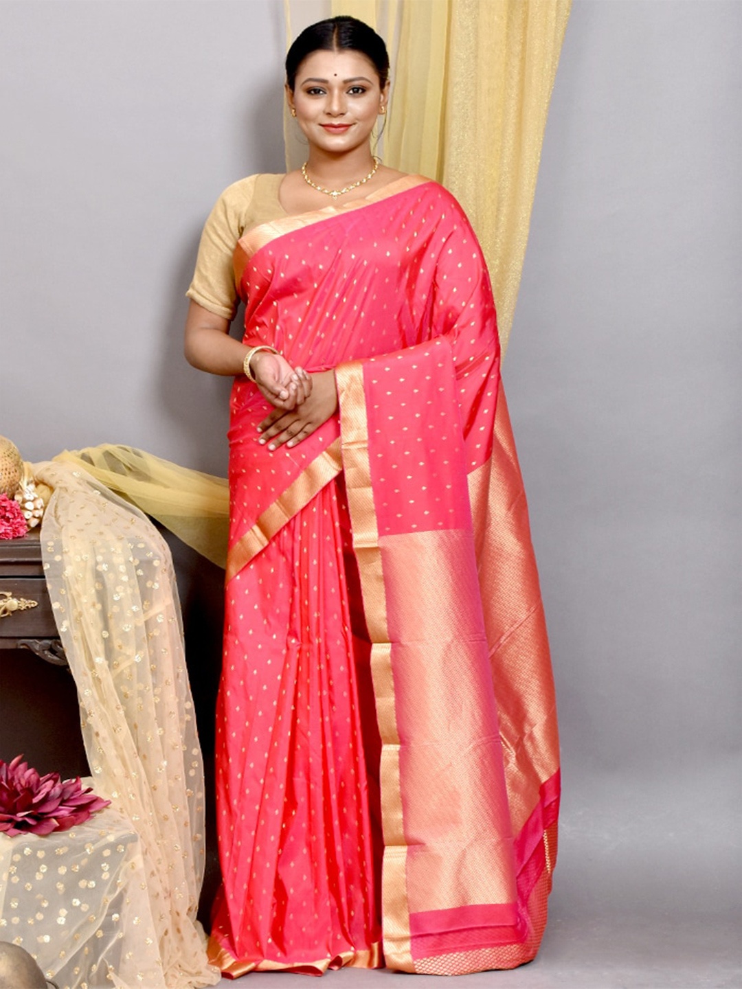 

AllSilks Ethnic Motifs Zari Silk Blend Kanjeevaram Saree, Pink