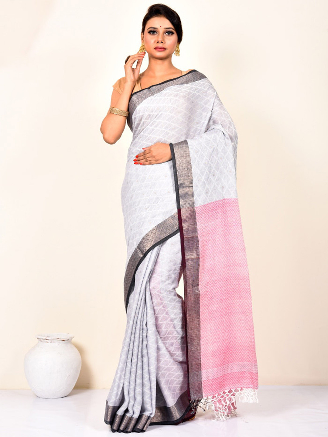 

AllSilks Zari Pure Cotton Saree, Grey