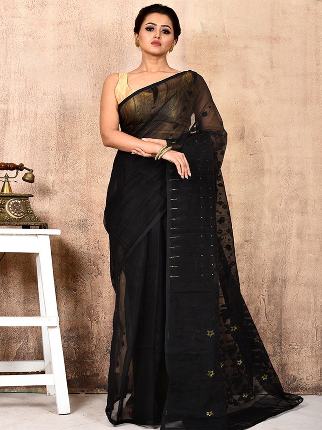 

AllSilks Pure Cotton Taant Saree, Black