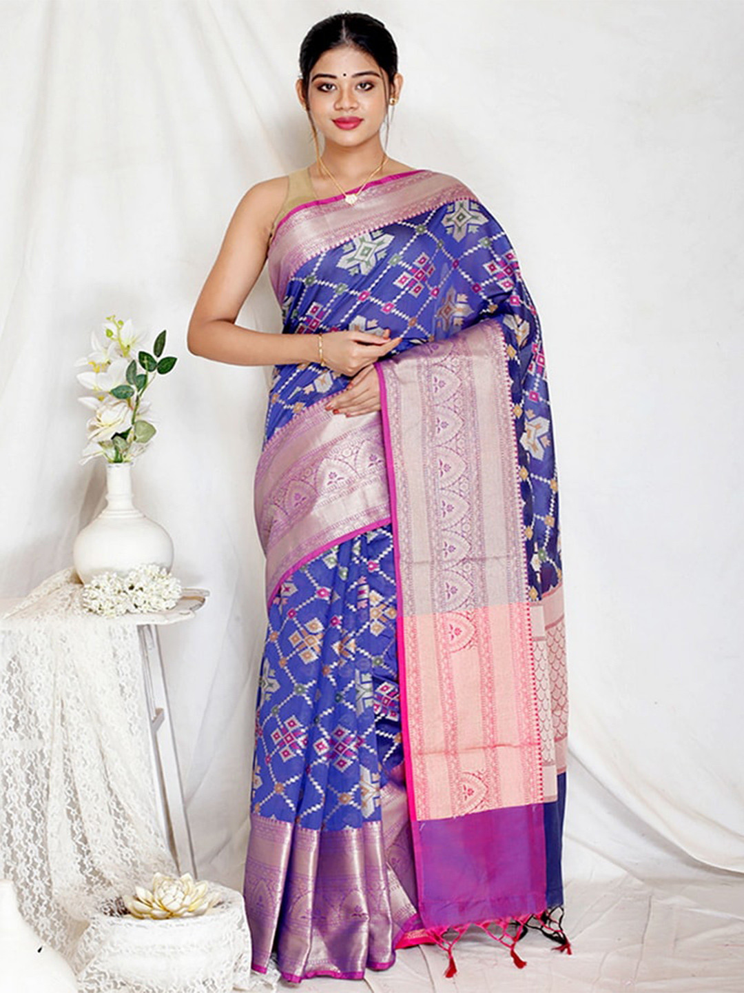 

AllSilks Floral Zari Silk Blend Saree, Blue