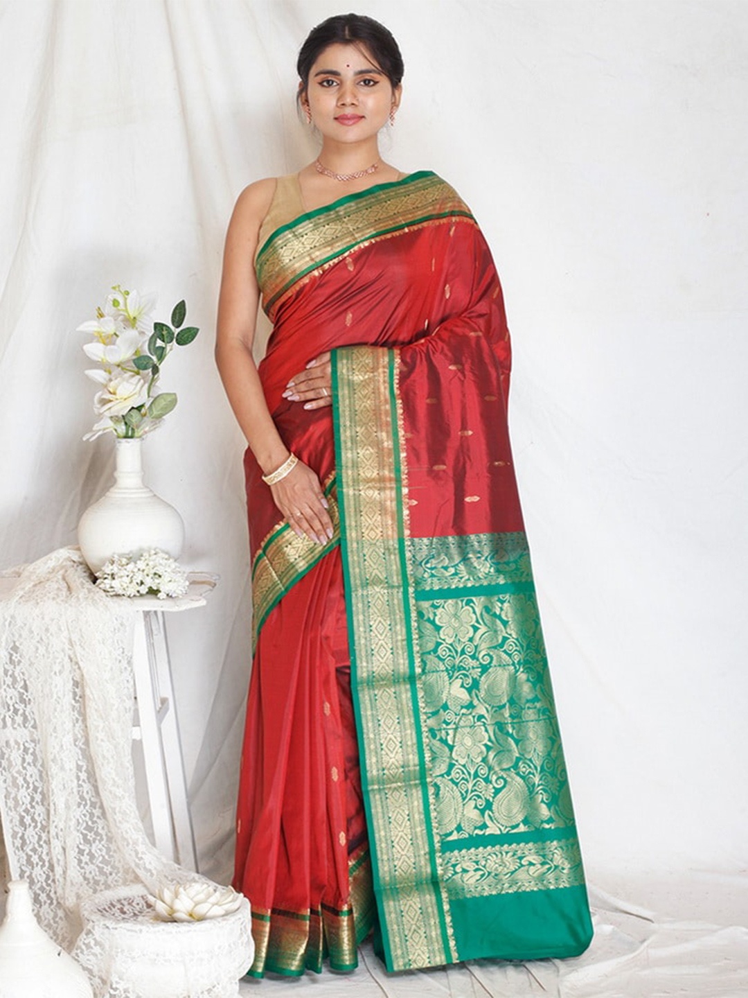 

AllSilks Paisley Zari Silk Blend Kanjeevaram Saree, Maroon